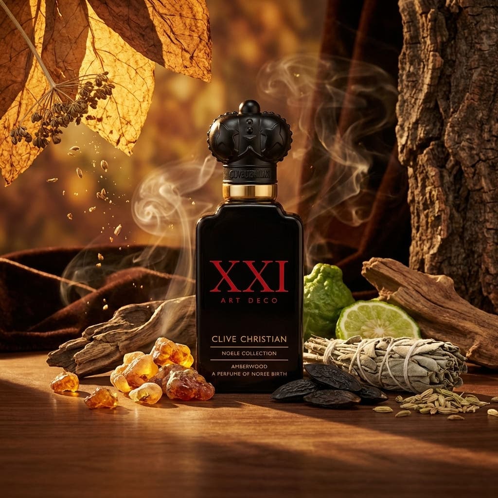 Clive Christian XXI Art Deco Amberwood — black perfume bottle with amber, wood and smoke
